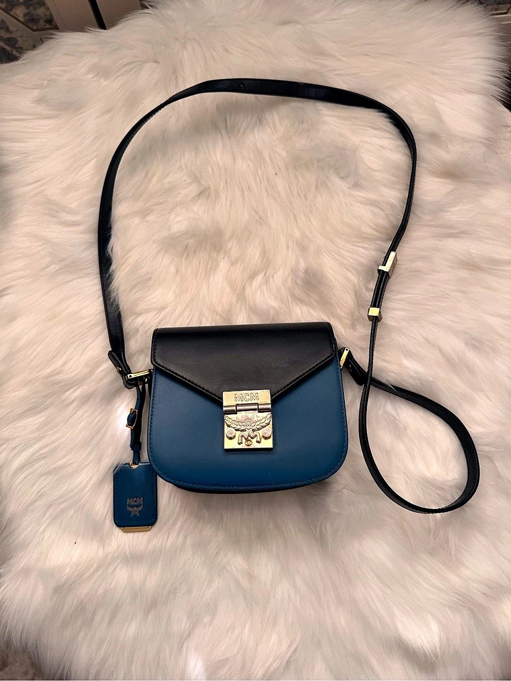 MCM Patricia Leather Saddle Crossbody Bag Blue & Black